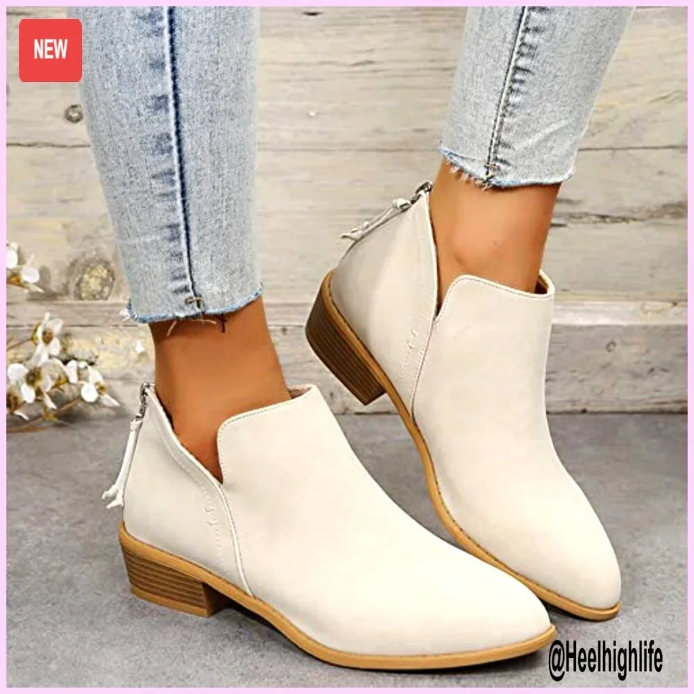 Women's Low Heel Ankle Booties Casual Dress Shoes V Cut Chunky Block Heel